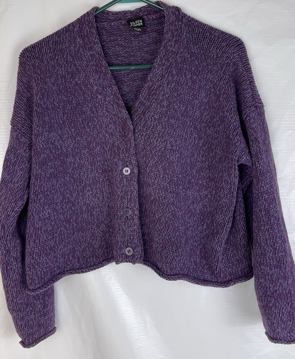 Eileen Fisher Chunky Knit Cropped Purple Cardigan Sweater 100% Cotton S Vtg